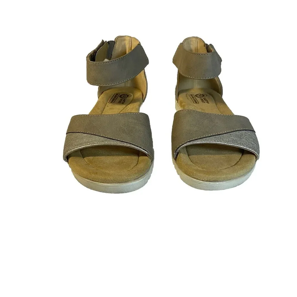 Earth Spirit Sandals 7 Taupe Silver Metallic‎ Comfort Wedge Ankle Strap Vacation